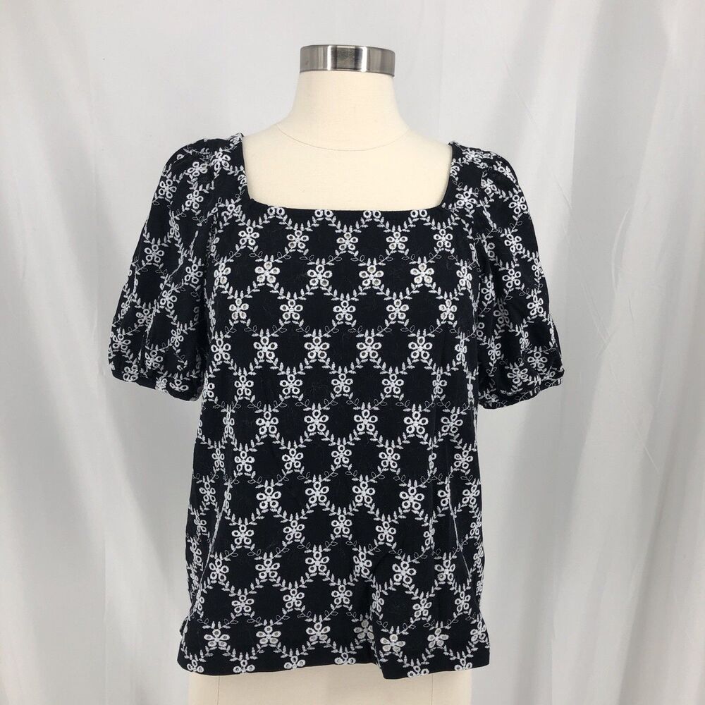 LOFT Womens Lg White Black Eyelet Embroidered Puff Sleeve Square Neck Top